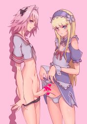  2boys absurdres anatomical_nonsense astolfo_(fate) bad_anatomy bad_proportions blonde_hair censored chevalier_d&#039;eon_(fate) fate/grand_order fate_(series) hej_(pixiv13035031) highres long_hair multiple_boys panties penis pink_hair trap trap_on_trap underwear undressing yaoi  rating:Explicit score:87 user:DoctorWasabi