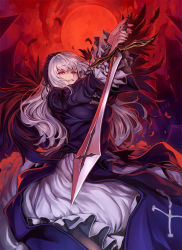  1girl breasts dress feathers full_moon gothic_lolita holding holding_sword holding_weapon large_breasts lolita_fashion long_hair looking_at_viewer moon red_eyes red_moon red_theme rozen_maiden shiokonbu silver_hair solo suigintou sword weapon  rating:Sensitive score:27 user:danbooru