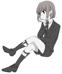  1other alternate_costume black_footwear black_necktie black_shorts black_socks black_suit bob_cut brown_hair chara_(undertale) child closed_mouth collared_shirt crossed_legs formal full_body hand_on_own_face highres invisible_chair kneehighs leftporygon legwear_garter light_frown long_sleeves looking_ahead muted_color necktie red_eyes shirt short_hair shorts sitting socks solo suit undertale white_background white_shirt 