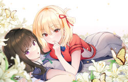  blonde_hair blue_ribbon blue_shirt brown_hair bug butterfly chestnut_mouth collared_shirt feet_out_of_frame fingernails flower green_ribbon grey_skirt hair_ribbon hand_to_own_mouth highres hyeyoon_0205 inoue_takina insect lily_(flower) long_hair looking_at_viewer lycoris_recoil lycoris_uniform lying medium_hair neck_ribbon nishikigi_chisato on_back on_person pink_lips pleated_skirt purple_eyes red_eyes red_ribbon red_shirt ribbon shirt signature single_hair_ring skirt undone_neck_ribbon 