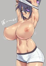 1girl :/ armpits arms_up bad_id bad_pixiv_id blue_hair bouncing_breasts bra unworn_bra breasts cameltoe cleft_of_venus commentary_request eyepatch grey_background headgear huge_breasts kantai_collection looking_at_viewer messy_hair mikoyan motion_lines nipples raised_eyebrows short_hair shorts simple_background solo sweatdrop tenryuu_(kancolle) thighs toned translation_request underwear undressing white_bra white_shorts wide_hips yellow_eyes rating:Questionable score:151 user:danbooru