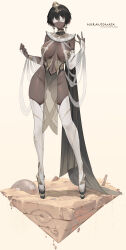 1girl absurdres alternate_costume alternate_skin_color artist_name black_hair blush breasts bridal_gauntlets cleavage closed_mouth copyright_name covered_eyes dark-skinned_female dark_skin dishwasher1910 egyptian egyptian_clothes full_body gluteal_fold hair_ornament hands_up highleg highres large_breasts navel nier:automata nier_(series) see-through short_hair simple_background solo standing thighhighs thighs white_thighhighs yellow_background 2p_(nier:automata) rating:Questionable score:89 user:danbooru