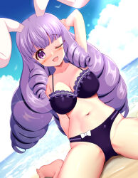  1girl animal_ears arm_support arm_up arms_up beach bikini blush bow breasts chisato_(missing_park) chuchu_(show_by_rock!!) cleavage cloud collarbone day dot_nose drill_hair embarrassed eyebrows eyelashes female_focus foot_out_of_frame frilled_bikini frills large_breasts leaning_back long_hair looking_at_viewer navel nose_blush one_eye_closed open_mouth outdoors purple_bikini purple_eyes purple_hair rabbit_ears rabbit_girl show_by_rock!! sitting sky smile solo swimsuit teeth thighs toes tongue upper_teeth_only wariza white_bow 