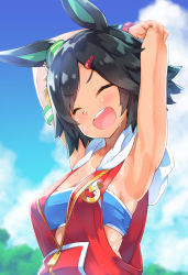  1girl animal_ears armband arms_behind_head arms_up bandaid bandaid_on_face bandeau black_hair blue_bandeau blush breasts cleavage closed_eyes cloud day hair_ornament hairclip highres hood hooded_jacket horse_ears jacket open_mouth outdoors partially_unzipped red_jacket rokushou short_hair sleeveless sleeveless_jacket small_breasts smile solo sweat teeth tree umamusume upper_body upper_teeth_only v-shaped_eyebrows winning_ticket_(umamusume) wristband 