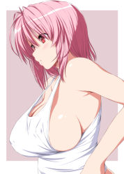 1girl alternate_costume bare_arms bare_shoulders blush border breasts cleavage collarbone commentary_request eyes_visible_through_hair grey_background hair_between_eyes highres large_breasts no_bra no_headwear nori_tamago outside_border parted_lips pink_hair red_eyes revision saigyouji_yuyuko short_hair sideboob simple_background solo sweat tank_top touhou upper_body white_border rating:Sensitive score:23 user:danbooru