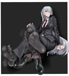  1girl a_lailai_lailai ak-15_(girls&#039;_frontline) feet formal girls&#039;_frontline grey_eyes grey_hair hair_over_one_eye hand_on_own_knee long_hair looking_at_viewer ponytail see-through see-through_legwear shoes unworn_shoes socks soles steam suit toes  rating:Sensitive score:25 user:ssfl