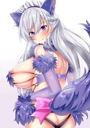1girl animal_ears ass azur_lane back bare_shoulders belfast_(azur_lane) blue_eyes blush bow braid breasts butt_crack cosplay cross-laced_clothes elbow_gloves fang fate/grand_order fate_(series) french_braid fur-trimmed_gloves fur_collar fur_trim gloves gradient_background highres hip_focus large_breasts licking_lips long_hair looking_at_viewer maid_headdress mash_kyrielight mash_kyrielight_(dangerous_beast) mash_kyrielight_(dangerous_beast)_(cosplay) o-ring official_alternate_costume pink_bow purple_gloves revealing_clothes sankakusui shiny_skin sideboob silver_hair skindentation smile solo tail tongue tongue_out wolf_ears wolf_tail rating:Sensitive score:20 user:danbooru