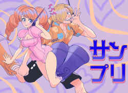  1boy 1girl alternate_costume bare_legs blonde_hair blue_eyes blush boots breasts brown_hair charlotte_pudding cigarette cleavage clenched_hand closed_mouth commentary commentary_request drill_hair english_commentary facial_hair hair_over_one_eye headphones heart heart_background highres holding holding_cigarette hood hood_down jacket knee_boots large_breasts leg_hair leotard lips long_hair looking_at_another official_alternate_costume one_piece open_mouth pink_leotard purple_footwear rita_ya sanji_(one_piece) shirt short_hair short_sleeves smile teeth twintails 