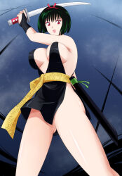  1girl bare_arms bare_legs bare_shoulders bottomless breasts breasts_apart bridal_gauntlets choker collarbone covered_erect_nipples dress feet_out_of_frame gloves green_hair hair_between_eyes hairband highres holding holding_weapon inuyasha kneehighs large_breasts looking_at_viewer mitora5 no_panties obi red_eyes red_hairband revealing_clothes sakasagami_no_yura sash sheath simple_background socks solo standing stirrup_legwear toeless_legwear weapon wide_hips yellow_sash  rating:Questionable score:9 user:popotepopote