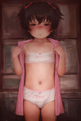 1girl akagi_miria blush brown_eyes brown_hair camisole camisole_lift clothes_lift clothing_request female_focus highres idolmaster idolmaster_cinderella_girls idolmaster_cinderella_girls_u149 indoors loli looking_at_viewer medium_hair navel open_clothes open_mouth panties short_twintails sionsionsion solo standing teeth twintails underwear upper_teeth_only 