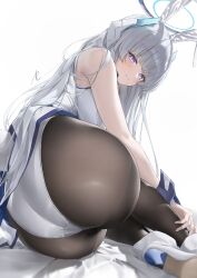  1girl :d absurdres animal_ears ass ass_focus bare_arms bare_shoulders bed_sheet black_pantyhose blue_archive blunt_bangs blush grey_hair halo hand_on_own_leg headgear high_heels highres hunger_pangs jacket leotard long_hair looking_at_viewer lying mechanical_halo noa_(blue_archive) on_side open_mouth pantyhose playboy_bunny purple_eyes rabbit_ears sidelocks signature simple_background smile solo very_long_hair white_background white_footwear white_halo white_jacket white_leotard wrist_cuffs yabacha  rating:Sensitive score:46 user:danbooru
