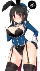 10s 1girl 2015 animal_ears beret black_gloves black_hair blush breasts cleavage covered_erect_nipples cowboy_shot dated fake_animal_ears garter_straps gloves groin hand_on_own_chest hand_on_own_hip hat heart highres image_sample kantai_collection kuro_chairo_no_neko large_breasts leotard looking_at_viewer military military_uniform playboy_bunny rabbit_ears red_eyes short_hair simple_background solo takao_(kancolle) thighhighs twitter_username uniform rating:Questionable score:67 user:danbooru