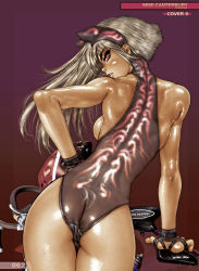  1girl backboob bicycle blonde_hair breasts brown_eyes canterbury_mimi female_focus from_behind hairband highres leotard looking_at_viewer narrow_waist oil original shiny_skin shirou_masamune skindentation skinny solo thigh_gap wrist_cuffs  rating:Questionable score:22 user:noitor