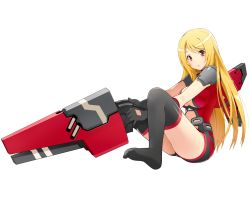  1girl blonde_hair breasts cleavage cosmic_break crimrose dressing feet full_body gloves large_breasts legs long_hair mecha_musume official_art open_mouth red_eyes sitting socks solo thighhighs thighs transparent_background undressing wakaba_sprout  rating:Sensitive score:15 user:ghir