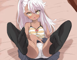  1girl ass bare_shoulders bed black_skirt black_thighhighs blush breasts brown_eyes camisole chloe_von_einzbern clothes_lift dark-skinned_female dark_skin fate/kaleid_liner_prisma_illya fate_(series) feet highres leg_lift legs_up loli long_hair no_shoes one_side_up open_mouth panties pink_hair presenting shimejinameko skirt skirt_lift small_breasts solo spread_legs thighhighs tongue tongue_out underwear white_panties yellow_camisole  rating:Questionable score:40 user:danbooru