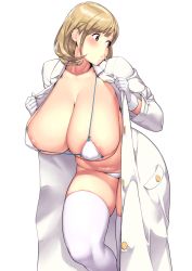  10s 1girl :o areola_slip belly bikini blush breasts brown_eyes brown_hair cleavage coat collarbone covered_erect_nipples curvy gloves hair_ornament hairclip hakai_shin hanging_breasts heart heart_hair_ornament highres huge_breasts lab_coat looking_to_the_side matching_hair/eyes micro_bikini narusawa_ryouka occultic;nine open_clothes open_coat parted_lips plump short_hair simple_background skindentation solo swimsuit thick_thighs thighhighs thighs white_background white_bikini white_gloves white_thighhighs wide_hips  rating:Questionable score:293 user:danbooru