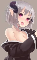 1girl blush breasts cleavage demon_girl horns off_shoulder original pointy_ears red_eyes saliva saliva_trail sexually_suggestive short_hair silver_hair solo tears tongue tongue_out wet zi_(mumei) rating:Sensitive score:50 user:danbooru