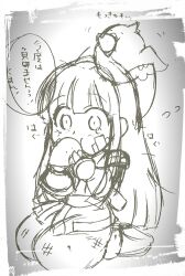 1girl ainu_clothes bandaid bandaid_on_face dirty dirty_clothes eating fingerless_gloves gloves hair_ribbon highres injury japanese_text kneeling legs long_hair mamahaha monochrome nakoruru pants ribbon samurai_spirits sketch snk the_king_of_fighters thighs translation_request