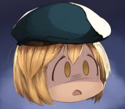  10s 1girl abyaa_face beret blonde_hair chibi commentary_request djeeta_(granblue_fantasy) drooling granblue_fantasy hat hawkeye_(granblue_fantasy) head kei_(soundcross) open_mouth shaded_face short_hair solo 