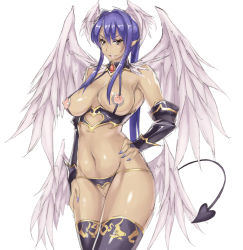  1girl angel_wings asa_(xametaler) blue_hair breasts crotch_cutout crotchless crotchless_panties demon_girl demon_tail elbow_gloves covered_erect_nipples fang feathers female_pubic_hair fingerless_gloves gloves hand_on_own_hip head_wings heart heart_cutout hip_focus large_breasts long_hair low_wings nail_polish navel nippleless_clothes nipples original panties pointy_ears pubic_hair pussy smile solo tail thighhighs uncensored underwear wings yellow_eyes  rating:Explicit score:78 user:danbooru