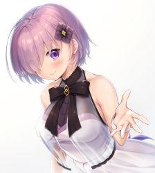  1girl arm_at_side bare_shoulders black_neckwear black_ribbon blush bow breasts closed_mouth collarbone commentary_request dress dutch_angle eyes_visible_through_hair fate/grand_order fate_(series) flower grey_background hair_flower hair_ornament hair_over_one_eye hand_up large_breasts looking_at_viewer mash_kyrielight mash_kyrielight_(under_the_same_sky) nullken official_alternate_costume purple_eyes reaching reaching_towards_viewer red_shirt ribbon see-through shirt short_hair sleeveless smile solo upper_body white_background white_dress wrist_cuffs 