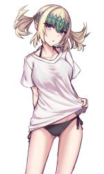 1girl :o bikini bikini_under_clothes black_bikini blonde_hair blush breasts clothes_lift collarbone diadem elfenlied22 fate/grand_order fate_(series) halterneck large_breasts lifting_own_clothes looking_at_viewer medium_hair no_pants open_mouth pollux_(fate) purple_eyes shirt shirt_lift short_sleeves side-tie_bikini_bottom simple_background solo string_bikini swimsuit thighs twintails white_background white_shirt rating:Sensitive score:43 user:danbooru