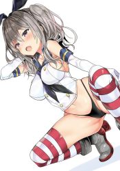 1girl :d araki_kanao arm_up black_panties blush boots breasts cosplay dutch_angle elbow_gloves gloves hair_between_eyes hair_ribbon hairband highleg highleg_panties kantai_collection kashima_(kancolle) medium_breasts navel no_pants open_mouth panties purple_eyes ribbon sailor_collar sailor_shirt shimakaze_(kancolle) shimakaze_(kancolle)_(cosplay) shirt sidelocks silver_hair simple_background sleeveless sleeveless_shirt smile solo squatting string_panties striped_clothes striped_thighhighs thighhighs twintails underwear white_background white_gloves rating:Questionable score:14 user:danbooru