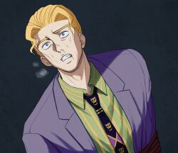  1boy blonde_hair blood blue_eyes bound bruise bruise_on_face cheekbones clenched_teeth commentary_request constricted_pupils diamond_wa_kudakenai formal frown green_skirt highres injury jacket jojo_no_kimyou_na_bouken kira_yoshikage male_focus necktie nosebleed purple_jacket purple_suit rope shirt skirt solo striped_clothes striped_shirt suit sweat takumi1230g teeth tied_up_(nonsexual) upper_body 