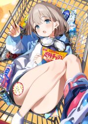  1girl :o abstract_background asahi_soft_drinks bag_of_chips bare_legs bike_shorts black_shorts blue_eyes blue_jacket blush bottle calbee_(potato_chips) can candy canned_coffee canned_food chips_(food) coca-cola commentary drink_can earrings food food_request foreshortening from_above full_body georgia_coffee go_(mumuke) goggles goggles_around_neck grey_hair highres holding holding_food holding_pocky idolmaster idolmaster_shiny_colors in_shopping_cart inline_skates jacket jewelry kirin_beverage kirin_lemon legs legs_up long_sleeves looking_at_viewer looking_up lying mitsuya_cider on_back open_clothes open_jacket open_mouth pocky potato_chips price_tag red_footwear reflective_floor revision roller_skates sangaria serizawa_asahi shirt shoes shopping_cart short_hair shorts skates smile sneakers socks soda_bottle solo thighs tile_floor tiles unworn_footwear v water_bottle white_shirt white_socks yellow_background 