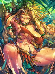 1girl abs arm_up bandeau bead_necklace beads blonde_hair bouncing_breasts bracer breasts evil_grin evil_smile fate_(series) fringe_trim green_eyes grin hair_beads hair_ornament headband headgear highres jewelry large_breasts lip_piercing loincloth long_hair melon22 motion_blur navel necklace piercing quetzalcoatl_(fate) sharp_teeth sidelocks smile solo spread_legs teeth thick_thighs thighs toned torn_clothes tribal wardrobe_malfunction wince rating:Questionable score:62 user:danbooru