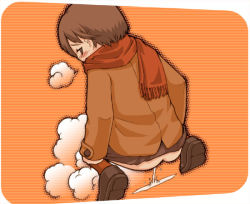 1girl ass black_footwear breath brown_eyes brown_hair brown_jacket brown_legwear from_behind gouchin_(nyou-tou) grey_skirt jacket loli long_sleeves looking_at_viewer looking_back orange_background peeing puddle red_scarf scarf shoes short_hair skirt socks squatting steam striped striped_background rating:Explicit score:16 user:cpee