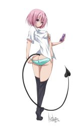  artist_request ass breasts cellphone cleavage kneehighs momo_velia_deviluke open_clothes open_shirt panties phone pink_hair shirt signature socks tail thighhighs to_love-ru underwear  rating:Questionable score:41 user:GMedal