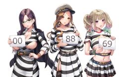  3girls black_hair blush breasts brown_hair cleavage earrings female_focus game_cg garter_straps glasses green_eyes hat highres holding index_finger_raised jacket jewelry large_breasts long_hair looking_at_viewer multicolored_hair multiple_girls navel number orange_eyes original panties pantyshot pink_eyes pointing prison_clothes revealing_clothes skirt smile standing tachi-e thighhighs transparent_background twintails underwear women&#039;s_prison 