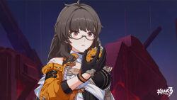  1girl black_gloves brown_hair chinese_commentary entropy_(honkai_impact_3rd) female_dreamseeker_(honkai_impact) glasses gloves highres holding honkai_(series) honkai_impact_3rd logo long_hair looking_at_object official_art official_wallpaper parted_lips solo upper_body  rating:General score:3 user:danbooru
