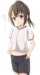 1girl :o ? absurdres black_hair black_shorts blue_panties blush brown_eyes commentary_request gym_uniform hair_between_eyes hair_ornament hairclip highres looking_at_viewer navel original panties parted_lips ponytail shirt short_shorts short_sleeves shorts simple_background solo takasuma_hiro translation_request underwear white_background white_shirt rating:Sensitive score:11 user:danbooru