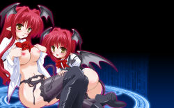 2girls aged_up bat_wings blush boots bottomless breasts clone clothes_pull demon_girl dual_persona embodiment_of_scarlet_devil female_focus garter_belt head_wings highres koakuma large_breasts long_hair magic_circle multiple_girls nipples open_clothes open_shirt red_hair shirt shirt_pull sweatdrop tail thighhighs time_paradox touhou wings yamu_(reverse_noise) yellow_eyes rating:Explicit score:17 user:danbooru