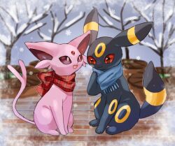  closed_mouth colored_sclera creatures_(company) espeon forehead_jewel forked_tail game_freak gen_2_pokemon kam_0514 nintendo no_humans open_mouth pink_hair pokemon pokemon_(creature) purple_eyes red_eyes red_sclera scarf sidelocks sitting smile snow snowflakes tail tree umbreon 