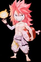 abs bandages barefoot chibi fairy_tail food long_hair looking_at_viewer male_focus mashima_hiro meat natsu_dragneel official_art pink_hair scar scarf topless_male smile rating:Sensitive score:9 user:extreamryohei