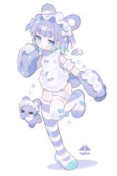  1girl absurdres animal_ears arm_up armband bandaid bear_ears bear_girl bear_tail cotono_(nazekun) detached_sleeves dress frilled_armband frilled_dress frilled_sleeves frills hair_ornament highres leg_up mary_janes original purple_hair rabbit_ears shoes sleeves_past_fingers sleeves_past_wrists solo sparkle striped_clothes striped_thighhighs stuffed_animal stuffed_toy tail teddy_bear thigh_strap thighhighs two_side_up white_background white_dress x_hair_ornament 