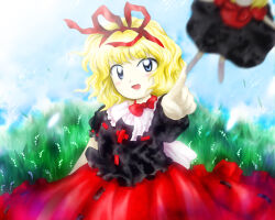  1girl :d black_shirt blonde_hair blue_eyes bow bow_choker choker flower hair_ribbon index_finger_raised lily_of_the_valley medicine_melancholy medinki official_style open_mouth outstretched_arm puffy_short_sleeves puffy_sleeves red_bow red_choker red_ribbon red_skirt ribbon shirt short_hair short_sleeves skirt smile solo su-san touhou zun_(style) 