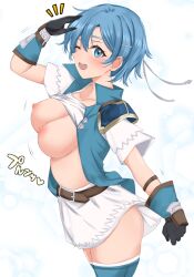  1girl ;d bare_midriff belt blue_eyes blue_hair boots bouncing_breasts breasts breasts_out clothes_lift female_focus fire_emblem fire_emblem:_the_binding_blade fire_emblem_heroes gloves happy headband highres jacket light_blue_eyes light_blue_hair looking_at_viewer medium_breasts midriff miniskirt motion_lines nintendo nipples one_eye_closed open_mouth salute shanna_(fire_emblem) short_hair short_sleeves skirt smile solo sound_effects thigh_boots thighs toshimasa white_background wink  rating:Explicit score:28 user:RegretKing