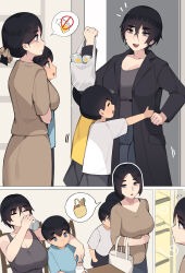  2girls 3boys absurdres aunt_(pepper0) aunt_and_nephew bag black_hair black_jacket black_shirt blue_shirt blue_shirt_brother_(pepper0) breasts brown_shirt brown_skirt can cleavage closed_eyes drinking highres holding holding_bag holding_can jacket large_breasts mother_(pepper0) mother_and_son multiple_boys multiple_girls original pepper0 shirt short_hair sitting skirt white_shirt_brother_(pepper0) yellow_shirt_brother_(pepper0) 