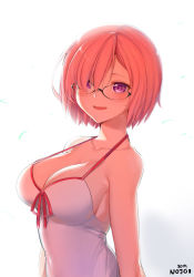 1girl 9nojo :d artist_name bare_shoulders black-framed_eyewear blush breasts cleavage collarbone dated fate/grand_order fate_(series) glasses hair_over_one_eye highres large_breasts looking_at_viewer mash_kyrielight mash_kyrielight_(swimsuit_of_perpetual_summer) official_alternate_costume one-piece_swimsuit open_mouth pink_hair purple_eyes red_ribbon ribbon simple_background smile solo strap_gap swimsuit upper_body white_background white_one-piece_swimsuit rating:Sensitive score:12 user:danbooru
