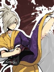  1girl arie_rumi blonde_hair breasts brown_background commentary_request hair_bun hair_ornament hair_over_one_eye hair_stick high_kick highres japanese_clothes kaigen_1025 kicking kimono obi parted_lips red_eyes sash short_sleeves sketch small_breasts solo uwabami_breakers yellow_kimono 