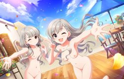 2girls annindoufu_(oicon) black_ribbon blue_eyes blue_sky braid building chair cleft_of_venus collarbone completely_nude cowboy_shot day hair_ribbon highres hisakawa_hayate hisakawa_nagi idolmaster idolmaster_cinderella_girls idolmaster_cinderella_girls_starlight_stage low_twintails multiple_girls navel nipples nude nude_filter ocean one_eye_closed open_mouth outdoors outstretched_hand parasol parted_lips petals pussy ribbon siblings silver_hair sisters sky smile table third-party_edit twins twintails umbrella v yellow_eyes rating:Explicit score:101 user:shelly69