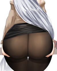  1girl ass ass_focus ass_grab azur_lane belfast_(azur_lane) belfast_(shopping_with_the_head_maid)_(azur_lane) brown_pantyhose grabbing_own_ass highres huge_ass long_hair official_alternate_costume pantyhose sana!rpg simple_background skirt solo thigh_gap very_long_hair white_background white_hair  rating:Questionable score:87 user:JustHere4Butts