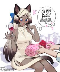  1girl :3 alcohol animal_ears black_nails blue_bow blue_eyes blush bow cat_ears cat_girl celine_(sui_(suizilla)) colored_tips commentary covered_collarbone cup dark-skinned_female dark_skin dress drinking_glass embarrassed english_commentary fang french_commentary french_text gift gift_art hair_bow halter_dress halterneck highres holding holding_cup jewelry mixed-language_commentary multicolored_hair necklace open_mouth original smile snegovski solo_focus speech_bubble twitter_username white_dress wine wine_glass 
