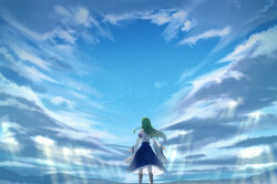  1girl arms_at_sides bare_shoulders black_footwear blue_skirt blue_sky boots cloud commentary_request day detached_sleeves feet_out_of_frame floating_hair frog_hair_ornament from_behind full_body green_hair hair_ornament highres kochiya_sanae long_hair long_skirt long_sleeves mino_(minori) mountainous_horizon nontraditional_miko outdoors scenery shirt sidelocks skirt sky sleeveless sleeveless_shirt solo standing sunlight touhou white_shirt wide_shot wide_sleeves wind 