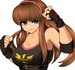  1girl bare_shoulders blue_eyes breasts brown_hair cleavage dead_or_alive dead_or_alive_4 headband highres hitomi_(doa) large_breasts largemilk sleeveless 