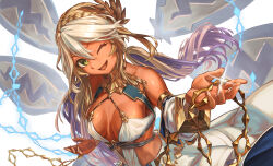  1girl andromeda_(fate) andromeda_(first_ascension)_(fate) armlet bare_shoulders blonde_hair blush braid breasts chain cleavage collar crown_braid cuffs dark-skinned_female dark_skin detached_sleeves dress fate/grand_order fate_(series) gold_teeth green_eyes hair_ornament highres jaws large_breasts long_hair looking_at_viewer low_twintails mayagi_(mayagi61) metal_collar multicolored_hair one_eye_closed open_mouth shackles short_dress sidelocks smile solo twintails two-tone_hair white_dress white_hair 
